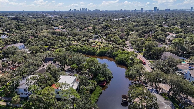 bird's eye view featuring a view of city and a water view