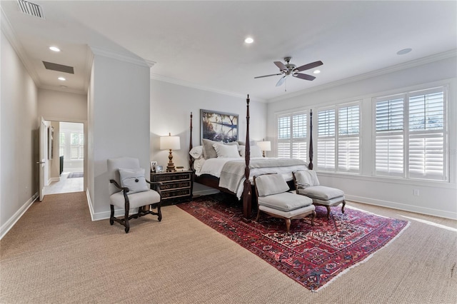 bedroom featuring ornamental molding, visible vents, and baseboards