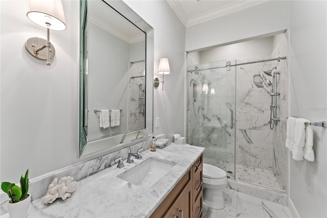 full bathroom featuring toilet, marble finish floor, crown molding, and a marble finish shower