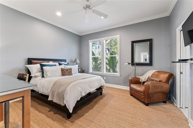 bedroom featuring ceiling fan, light colored carpet, ornamental molding, recessed lighting, and baseboards