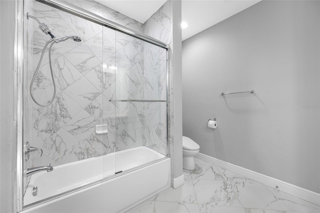 full bath with marble finish floor, toilet, baseboards, and shower / bath combination with glass door