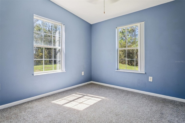 carpeted spare room featuring a healthy amount of sunlight and baseboards