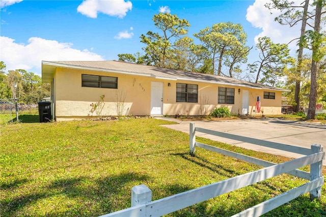 single story home featuring a front lawn, fence, and stucco siding