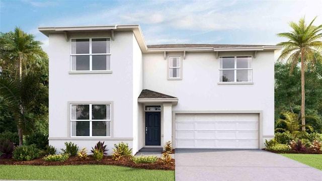 view of front of house featuring a garage, concrete driveway, and stucco siding