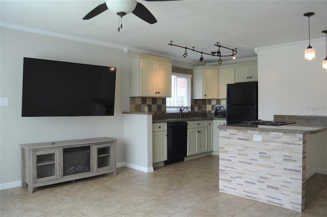 kitchen with a sink, black appliances, backsplash, and crown molding