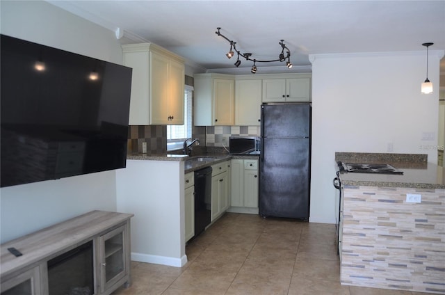 kitchen with crown molding, decorative backsplash, light tile patterned flooring, a sink, and black appliances