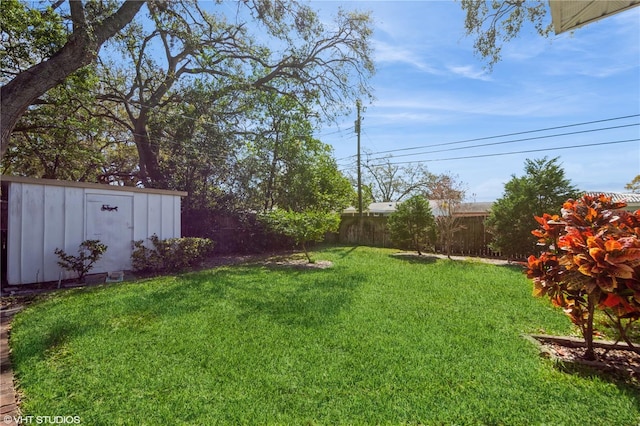 view of yard featuring a fenced backyard, an outdoor structure, and a shed