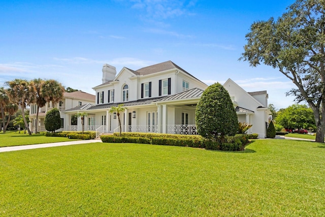 view of front of house with a chimney, covered porch, a front yard, a standing seam roof, and metal roof