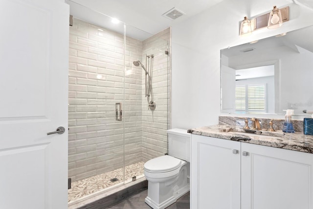 full bath featuring a stall shower, visible vents, vanity, and toilet