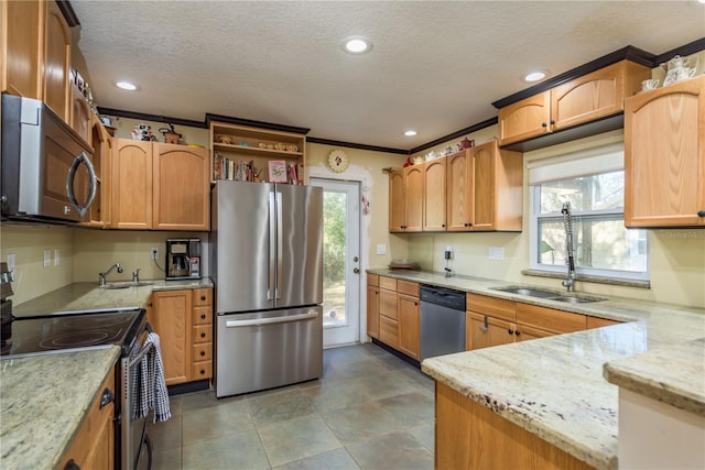 kitchen featuring light stone countertops, plenty of natural light, stainless steel appliances, and a sink