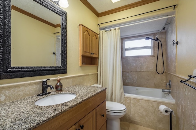 bathroom with toilet, vanity, tiled shower / bath, tile patterned floors, and crown molding