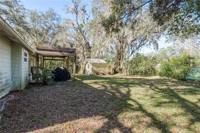 view of yard featuring a storage unit and an outbuilding