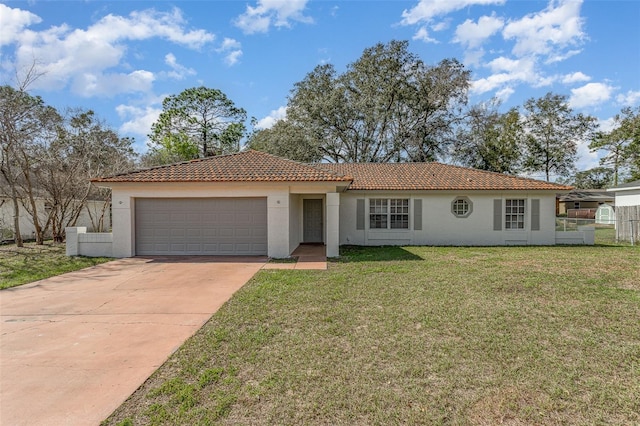 view of front of home with a garage, concrete driveway, a front lawn, and stucco siding