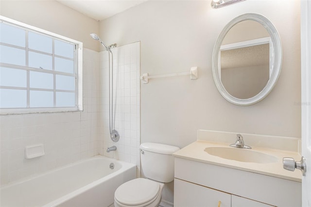 full bathroom with toilet, tub / shower combination, and vanity