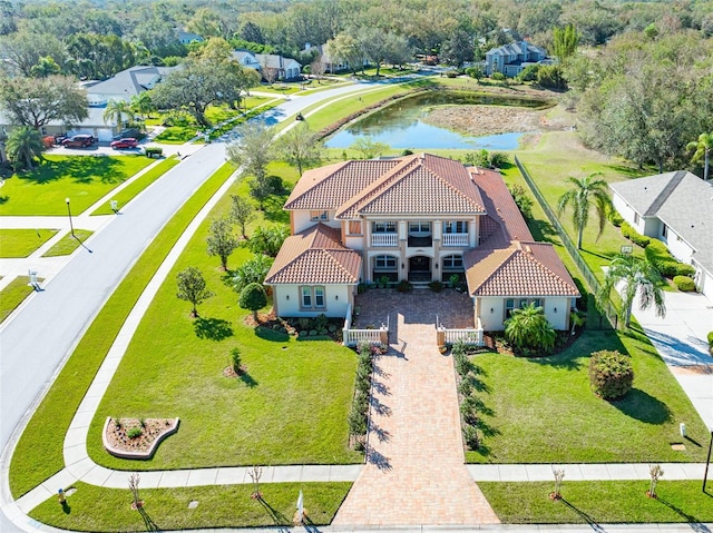 drone / aerial view featuring a water view