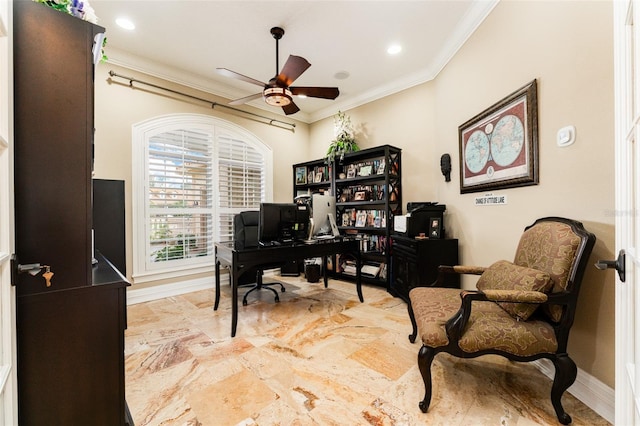 home office featuring a ceiling fan, recessed lighting, crown molding, and baseboards