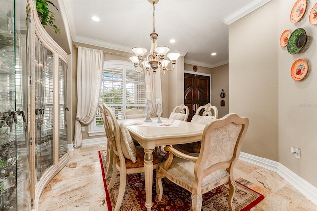 dining space with baseboards, recessed lighting, a notable chandelier, and crown molding