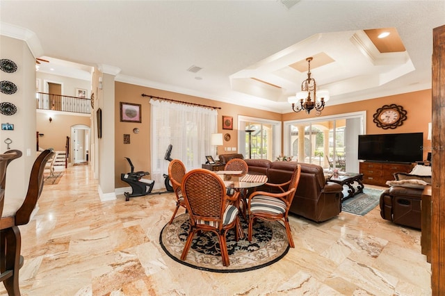 dining room with marble finish floor, baseboards, and ornamental molding