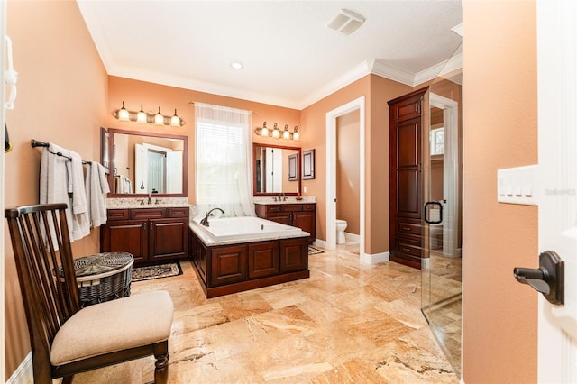 full bath featuring a garden tub, toilet, vanity, ornamental molding, and a stall shower