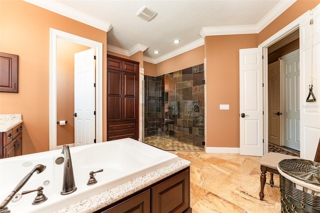 full bath with visible vents, baseboards, ornamental molding, a tub with jets, and a stall shower