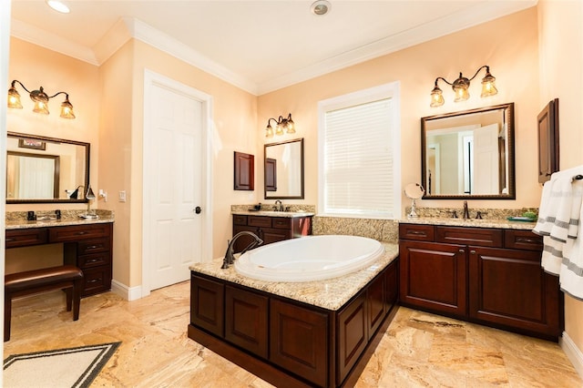 full bath featuring a garden tub, two vanities, a sink, and crown molding