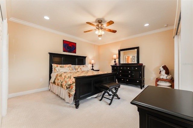 bedroom with baseboards, ornamental molding, recessed lighting, and light colored carpet