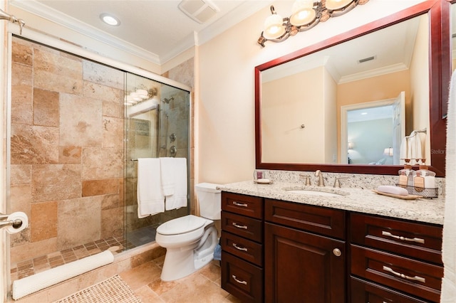 bathroom featuring toilet, a stall shower, visible vents, and ornamental molding