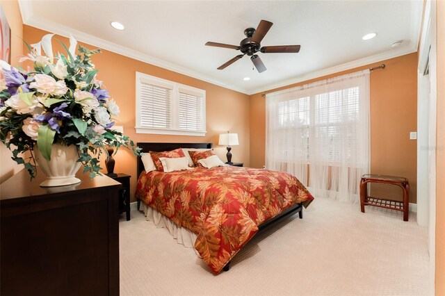 bedroom featuring light carpet, ornamental molding, baseboards, and recessed lighting