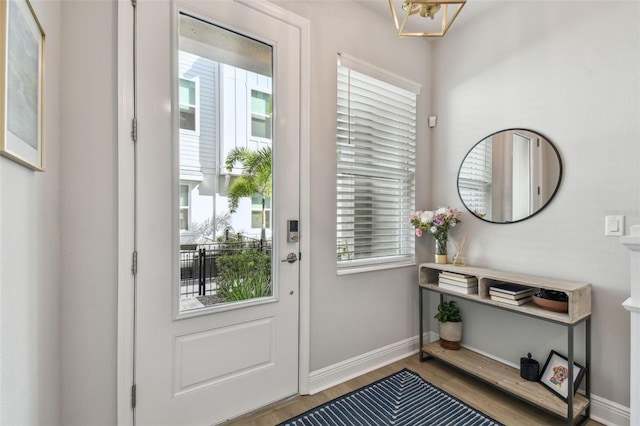 entryway with plenty of natural light, baseboards, and wood finished floors