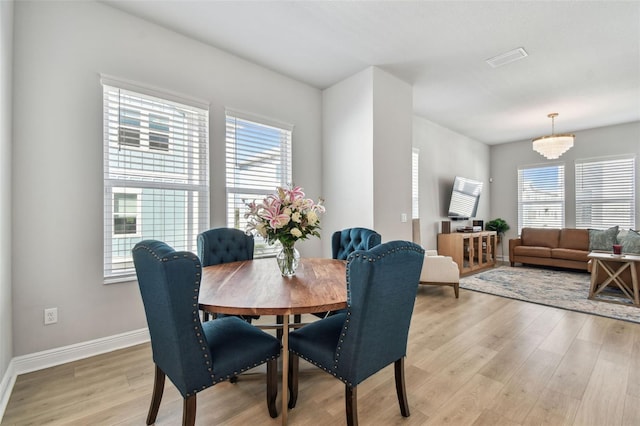 dining space with visible vents, baseboards, and light wood-type flooring