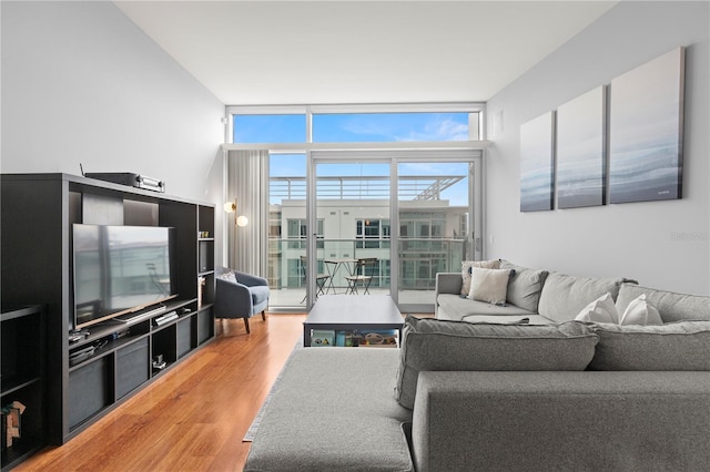 living area with light wood finished floors and floor to ceiling windows