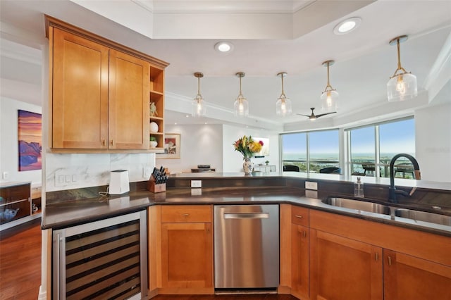 kitchen with a sink, beverage cooler, dishwasher, brown cabinetry, and open shelves