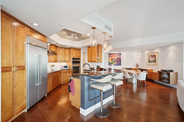 kitchen with visible vents, a kitchen bar, a tray ceiling, appliances with stainless steel finishes, and dark wood-style floors