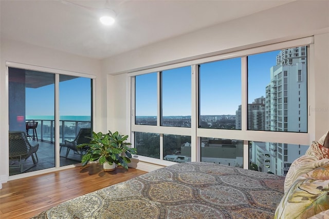 bedroom with a city view, wood finished floors, and access to exterior