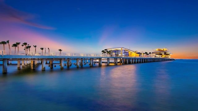 view of water feature with a pier