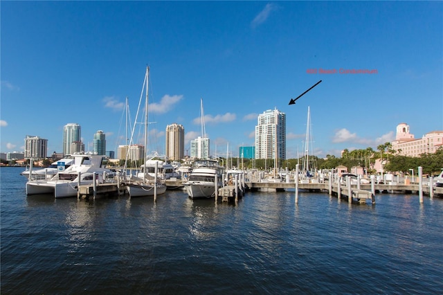 view of dock featuring a view of city and a water view