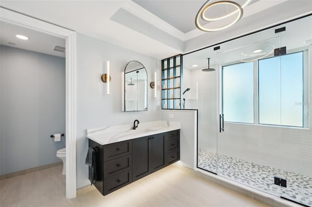 bathroom with toilet, vanity, and a stall shower
