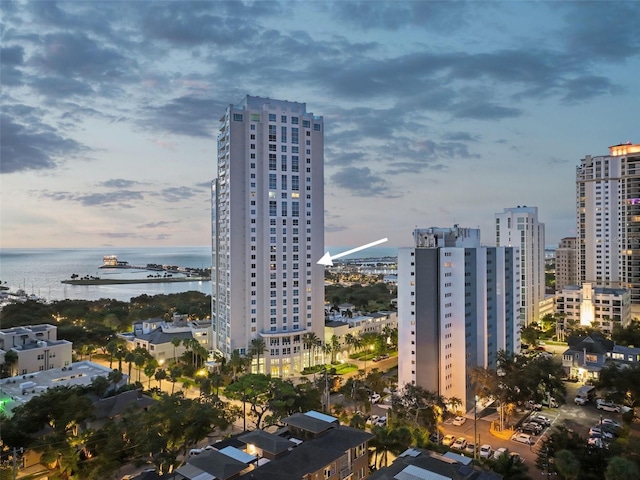 property's view of city featuring a water view