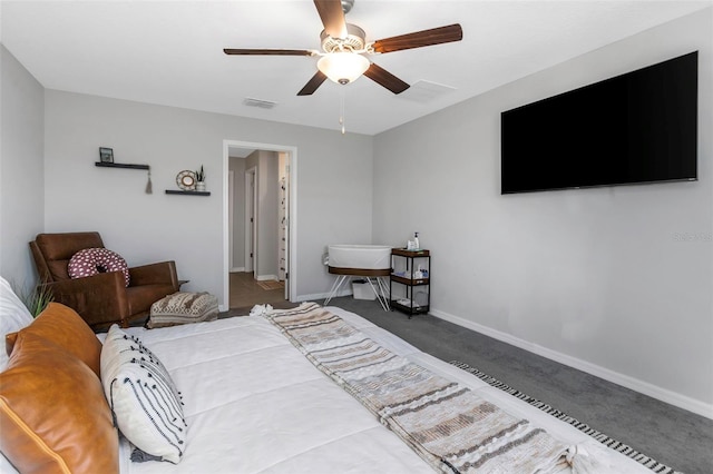 bedroom featuring a ceiling fan, carpet, visible vents, and baseboards