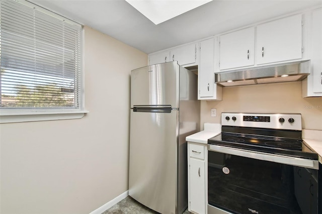 kitchen featuring baseboards, stainless steel appliances, light countertops, under cabinet range hood, and white cabinetry