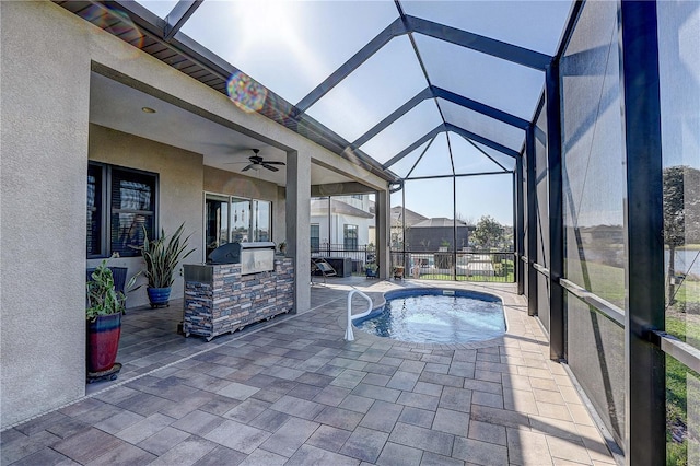 view of pool featuring a ceiling fan, a lanai, a patio, and area for grilling
