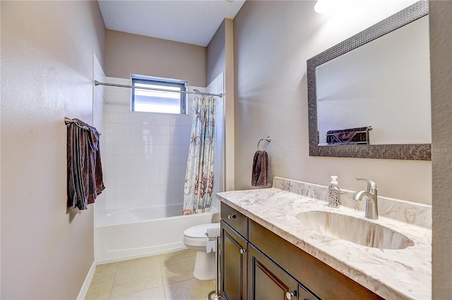 bathroom with toilet, shower / bath combo, vanity, tile patterned flooring, and baseboards
