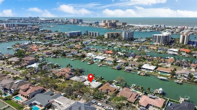 drone / aerial view with a water view