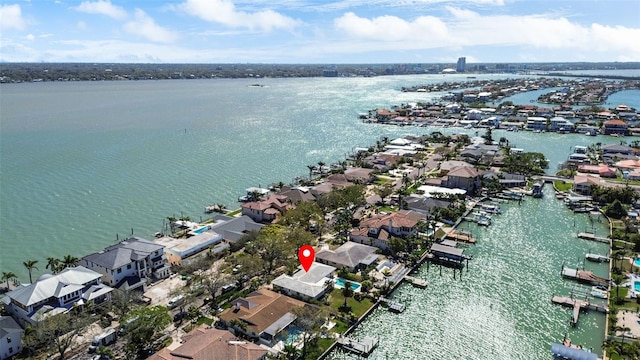 aerial view featuring a residential view and a water view