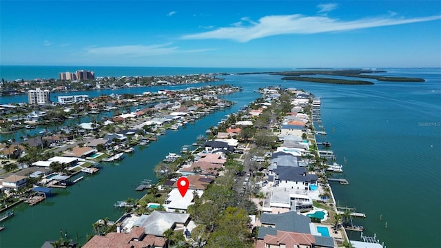 bird's eye view with a water view