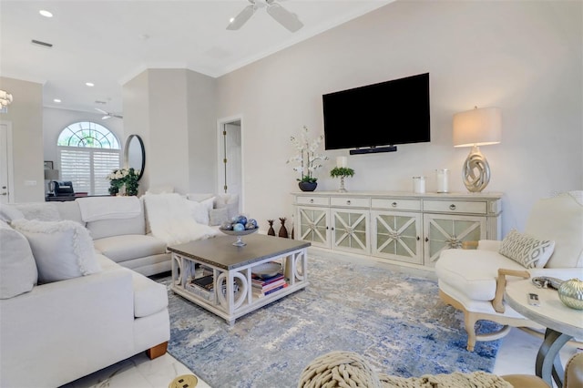 living area featuring a ceiling fan, recessed lighting, visible vents, and crown molding