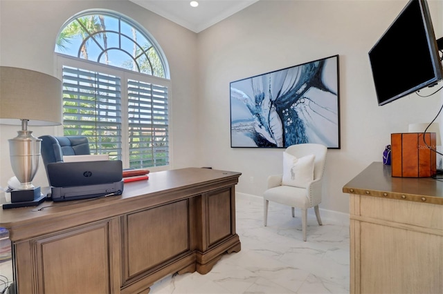 office area with marble finish floor, recessed lighting, and baseboards