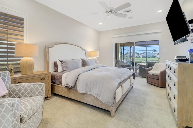 bedroom with light carpet, access to outside, visible vents, and recessed lighting