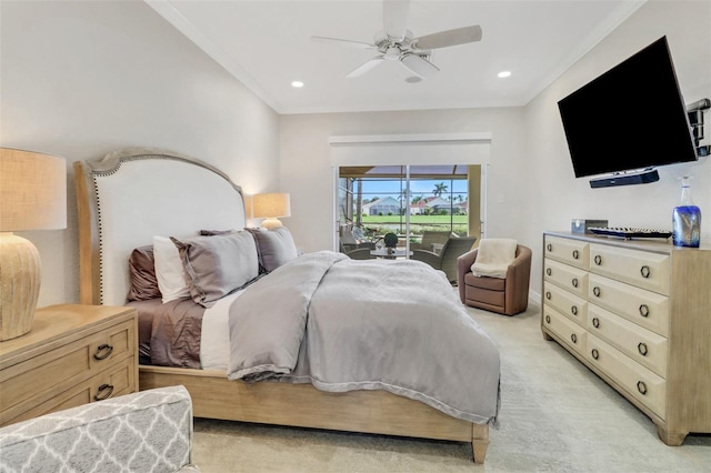 bedroom with access to outside, light carpet, crown molding, and recessed lighting