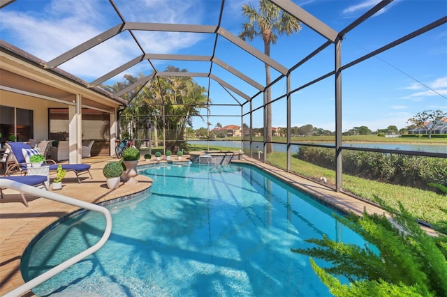 view of swimming pool featuring a water view, a patio area, a pool with connected hot tub, and glass enclosure